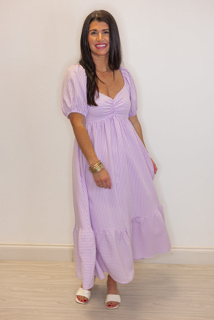 lavender stripe sweetheart neckline midi dress