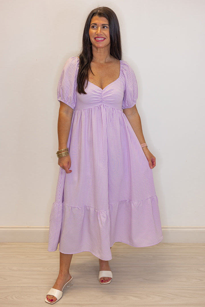lavender stripe sweetheart neckline midi dress