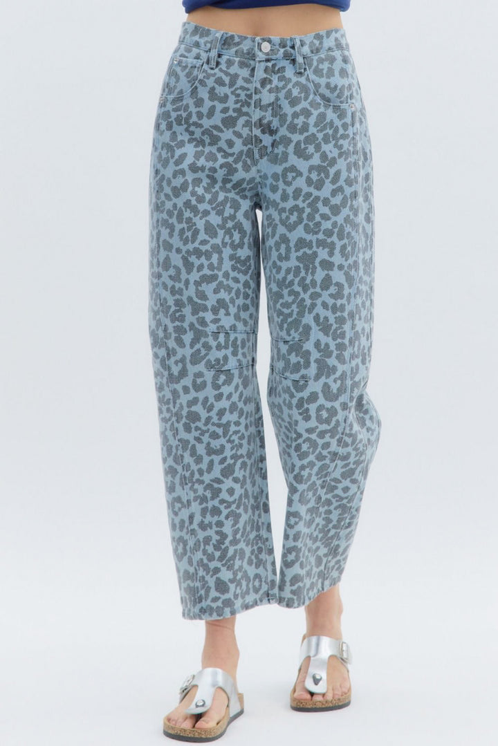leopard print blue denim barrels front