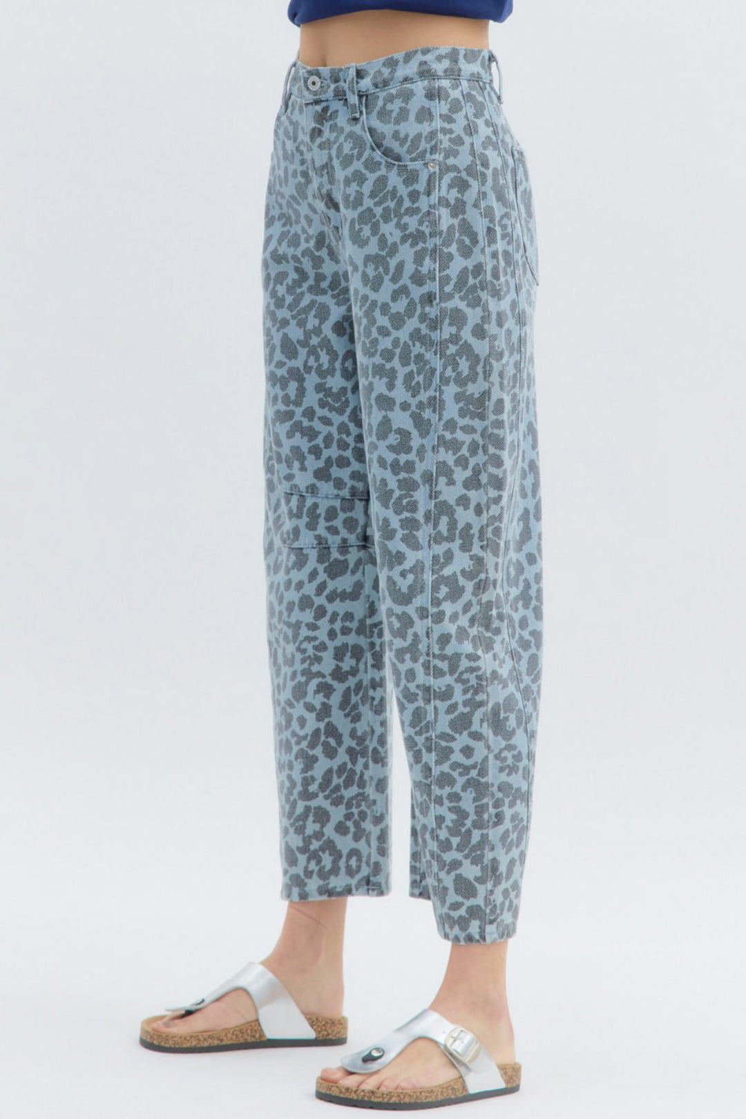 leopard print blue denim barrels side