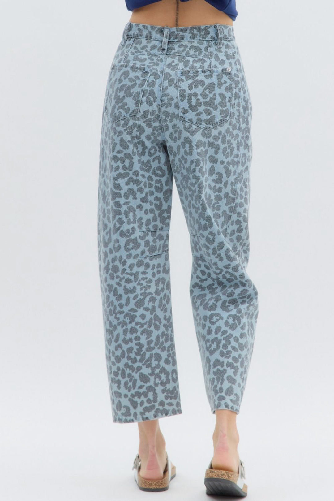 leopard print blue denim barrels back