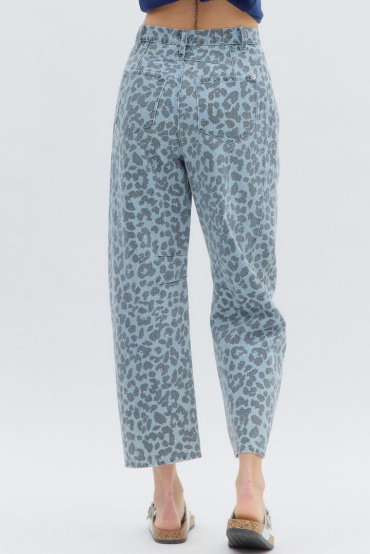 leopard print blue denim barrels back