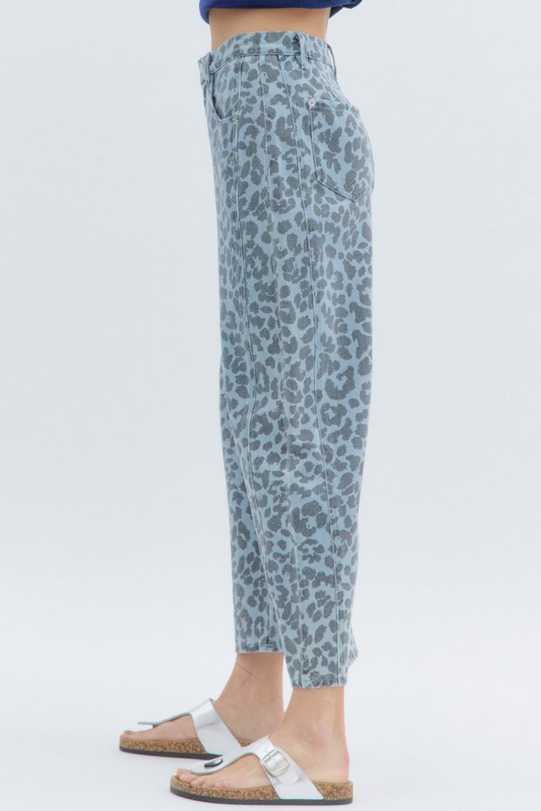 leopard print blue denim barrels side view