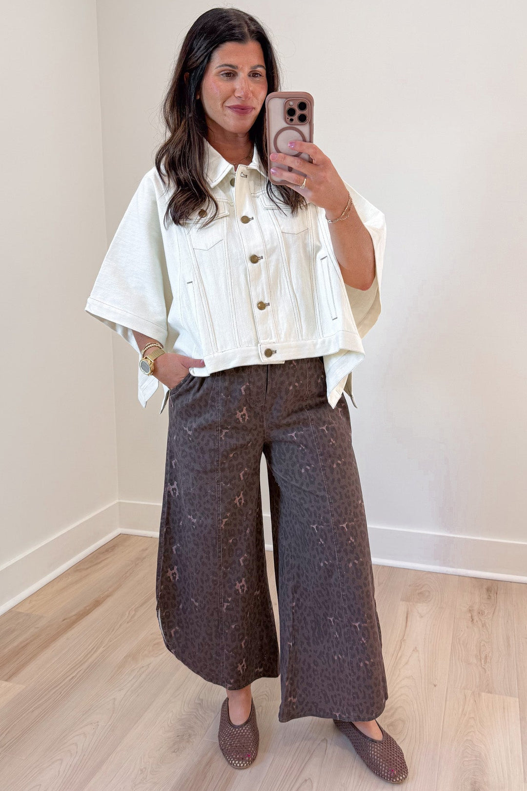 mocha leopard print wide leg tulip hem elastic waist twill denim pants