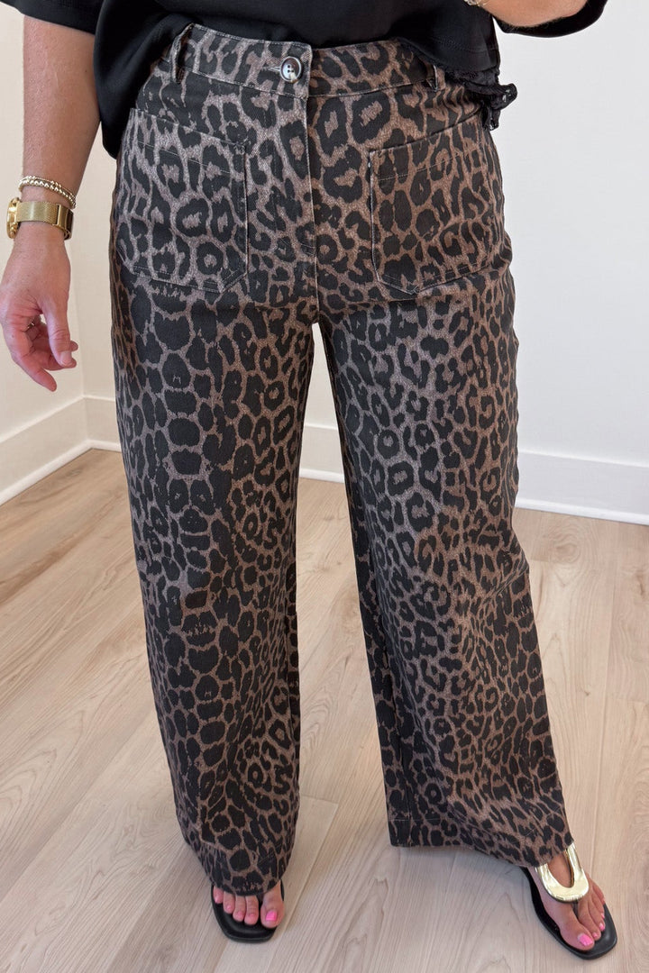 brown and black leopard print button zipper fly wide leg twill denim pants with belt loops