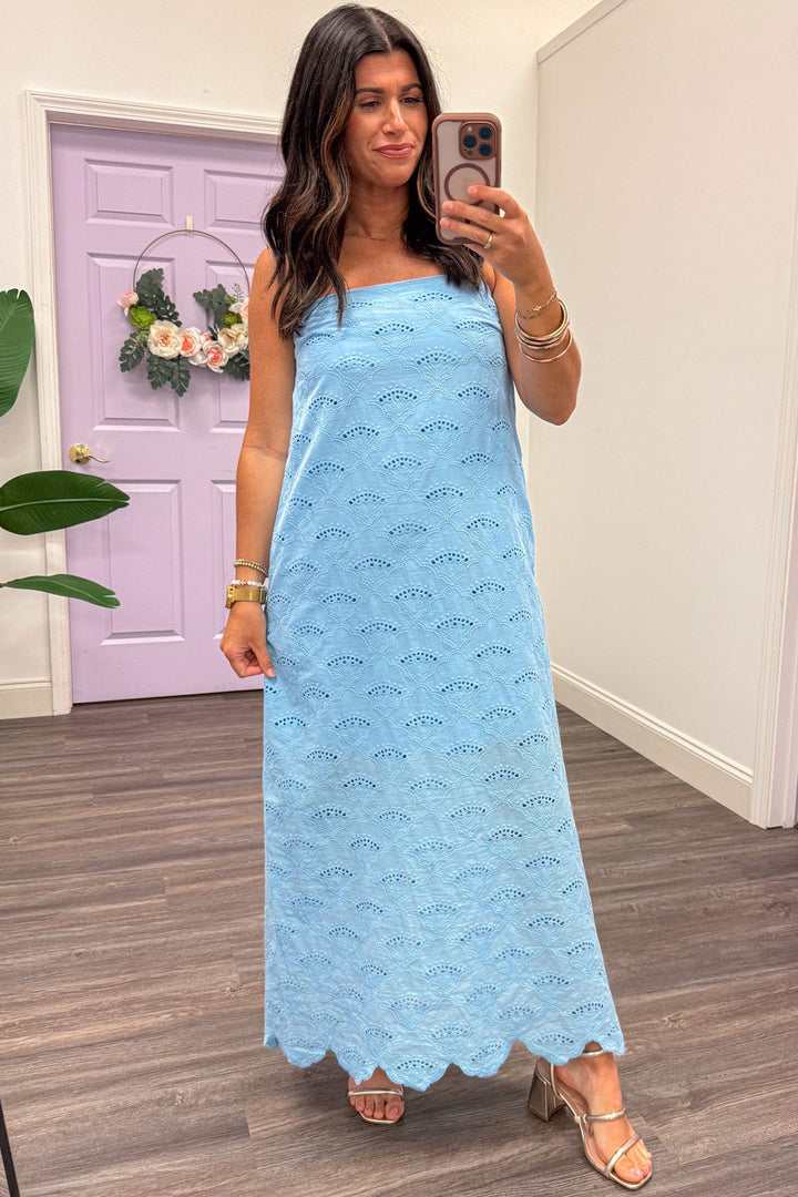 light blue embroidered eyelet detail strapless midi dress