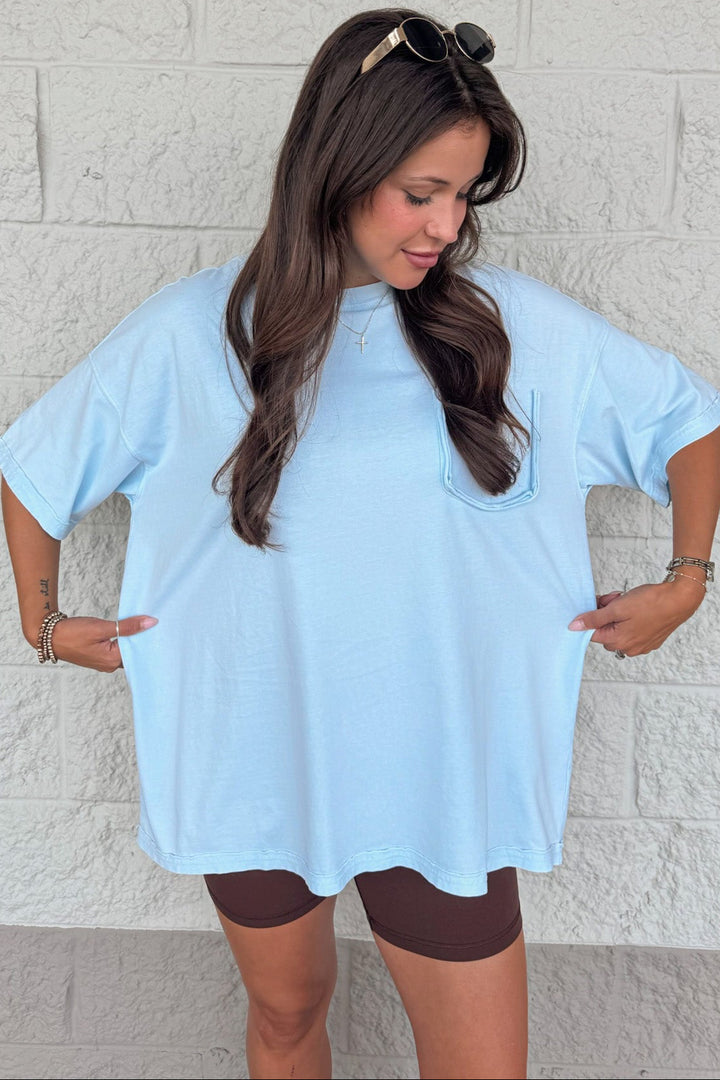 solid mineral washed light blue reverse seams short sleeve oversized fit tee
