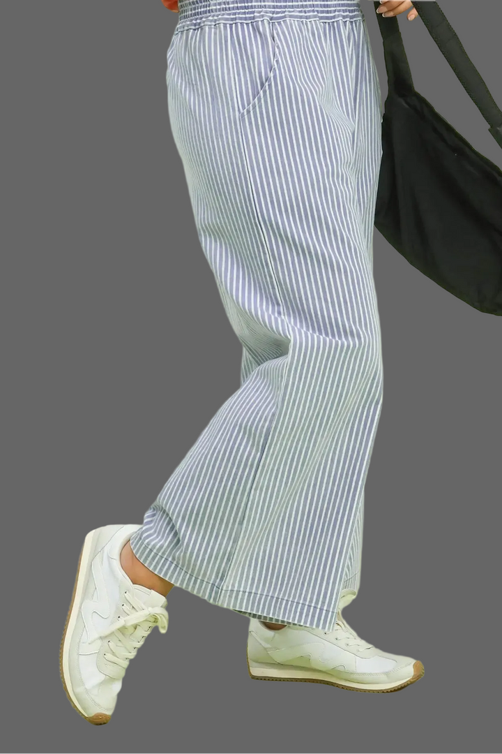 Umgee washed light blue and white striped twill pants in plus size with elastic waist and front pockets