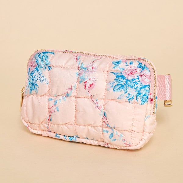 Pretty Follies TCEC Light coral pink quilted puffer crossbody/fanny pack with pink and green floral print