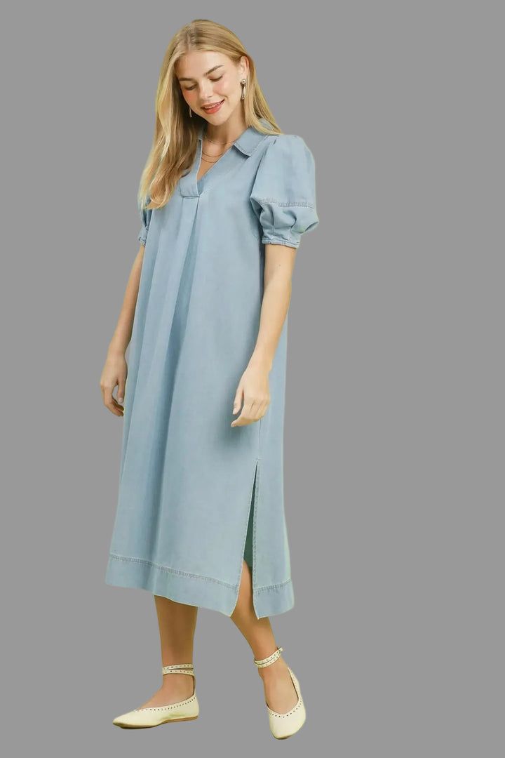 Women's denim maxi dress in light blue by Umgee, with side slits