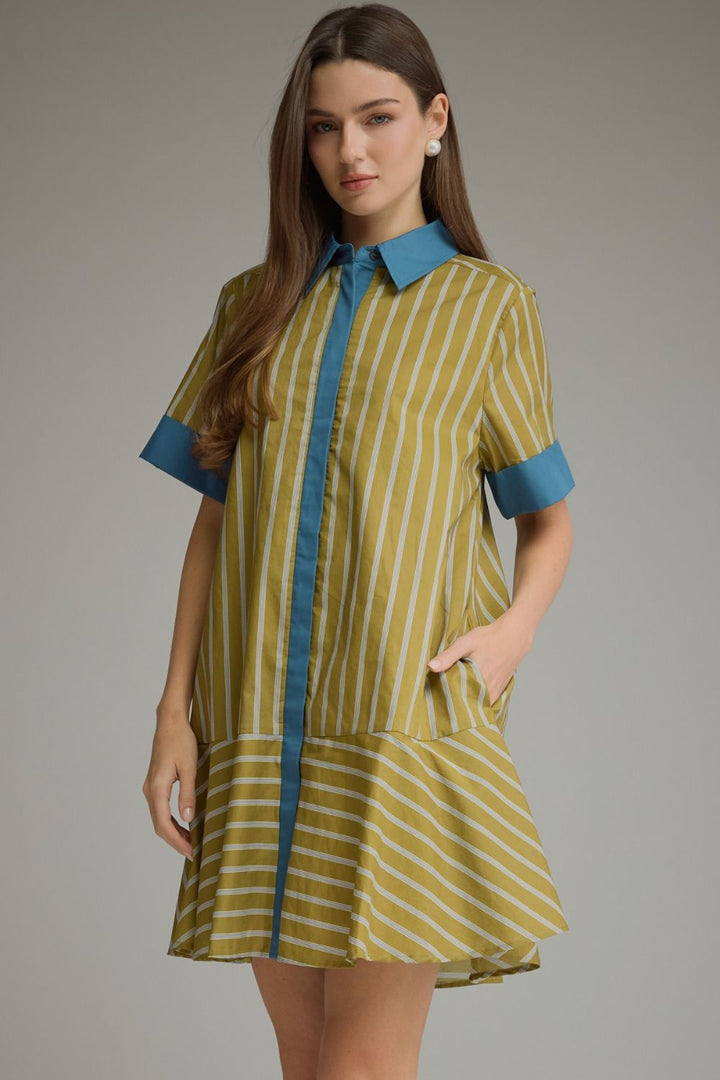Entro light olive and blue striped button front dress with side pockets