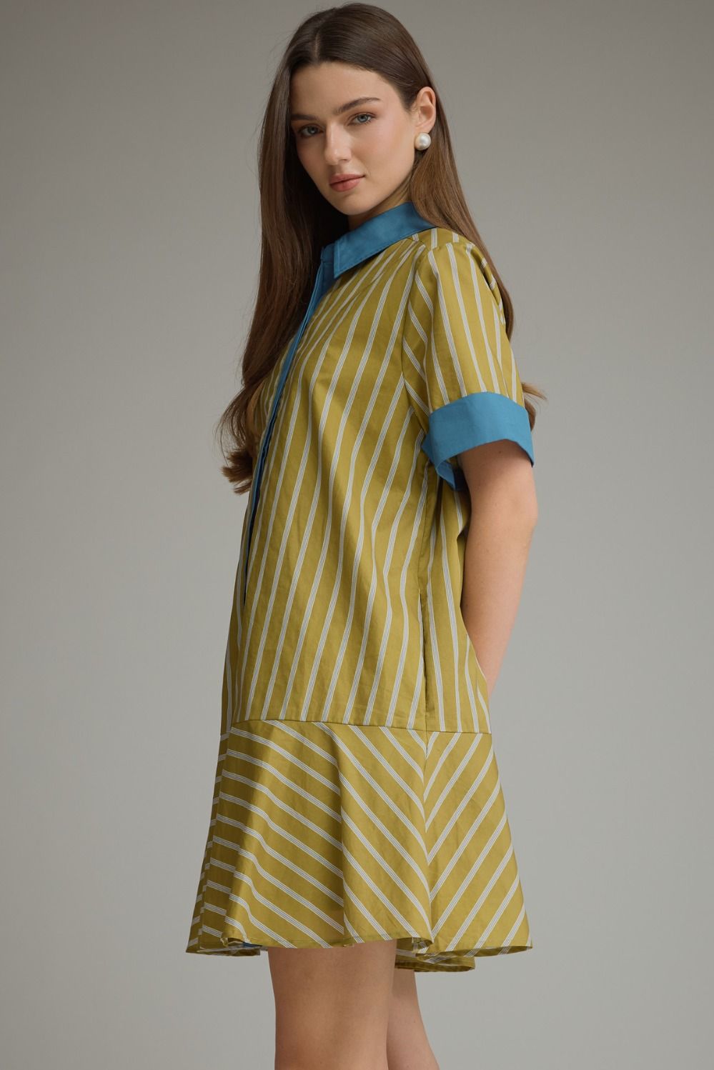 Entro light olive and blue striped button front dress with blue striped trim