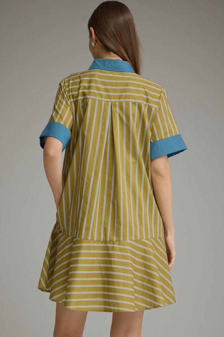 Entro light olive and blue striped button front dress in a flattering fit
