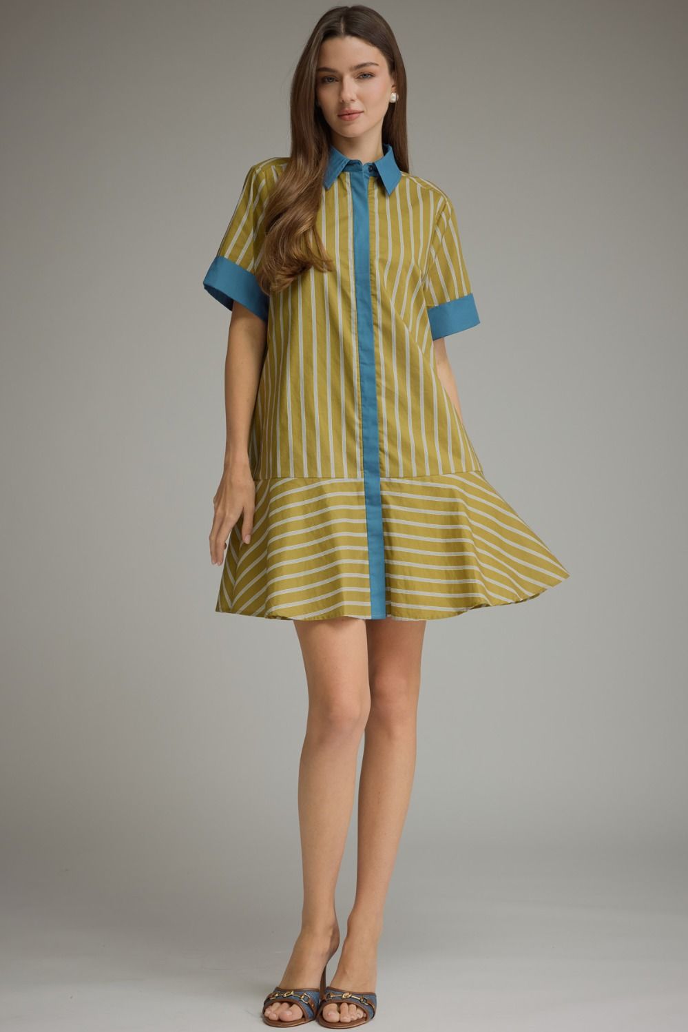 Entro light olive and blue striped button front dress with a collar