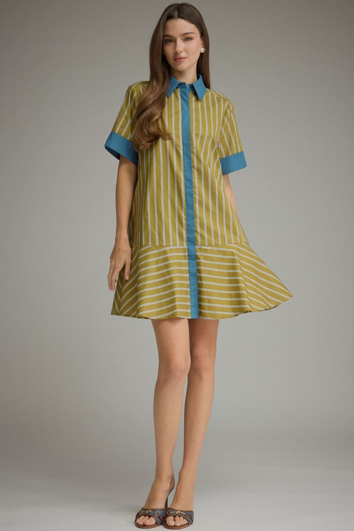 Entro light olive and blue striped button front dress with a collar