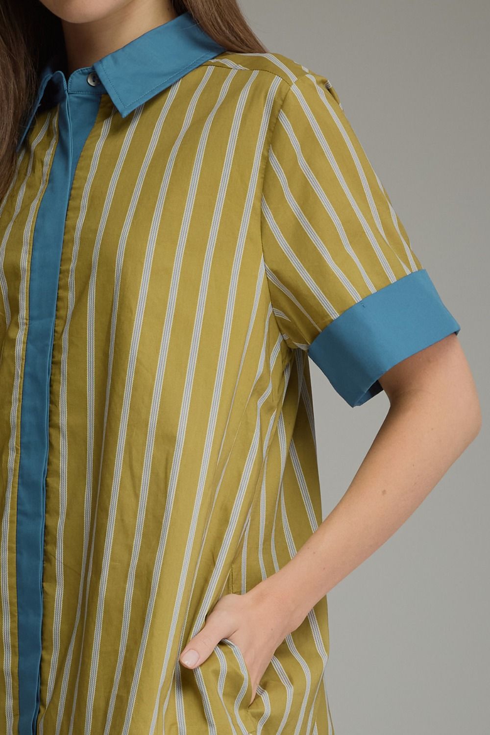 Entro light olive and blue striped button front dress with short sleeves
