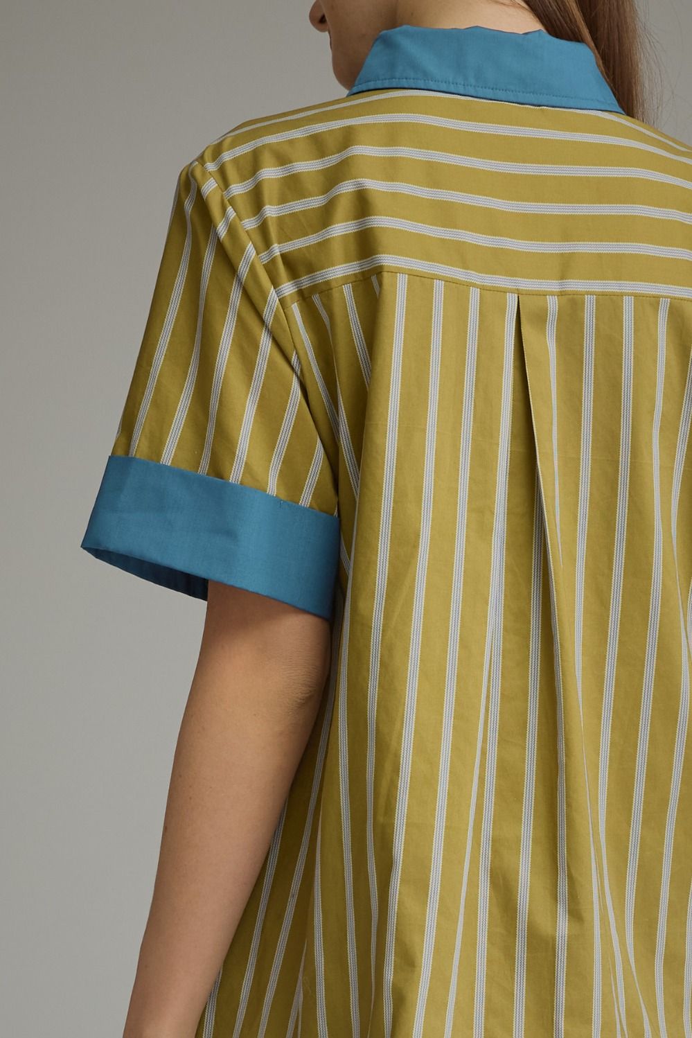 Entro light olive and blue striped button front dress with tiered detail in back