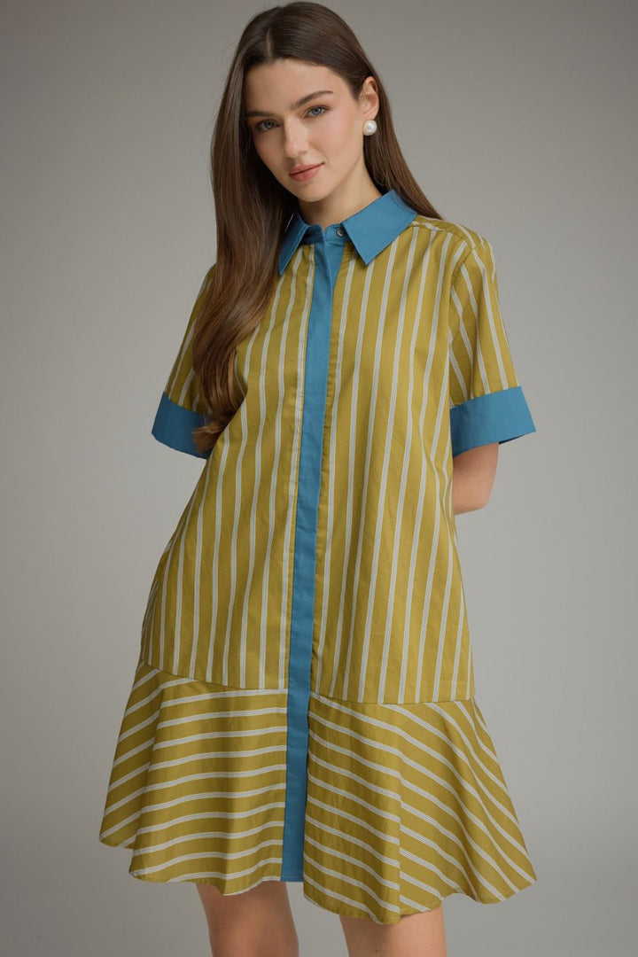 Entro light olive and blue striped button front dress
