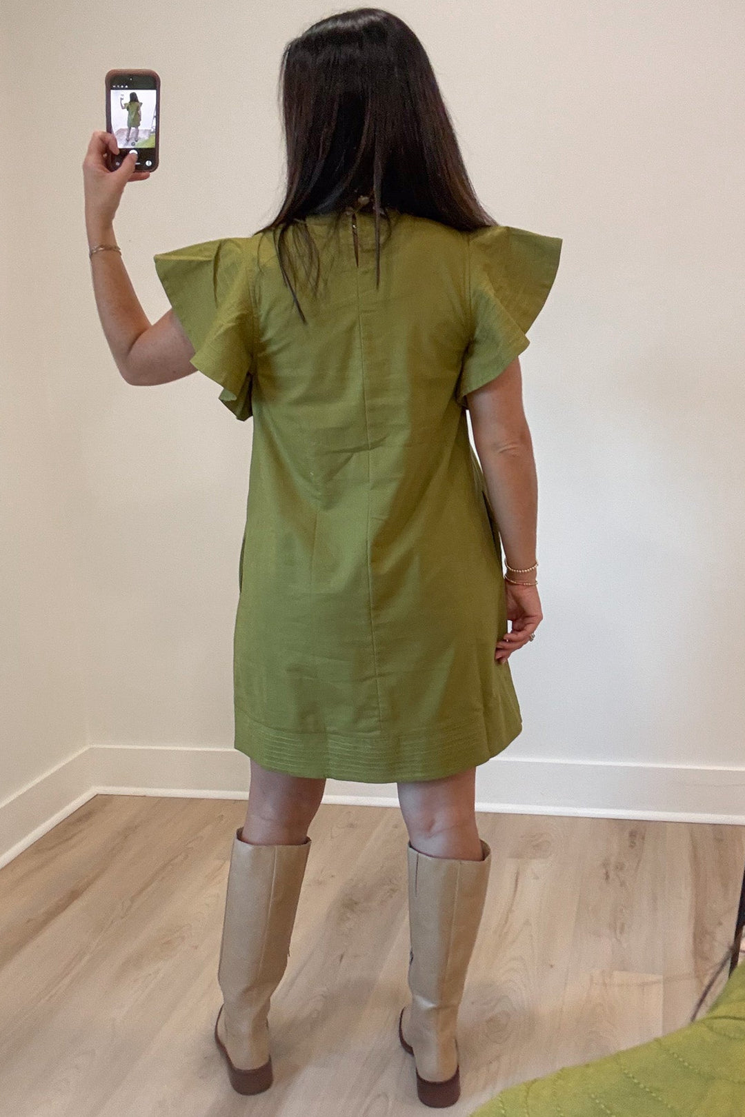 solid light olive green v neckline short flutter sleeve relaxed fit short dress with keyhole back button closure