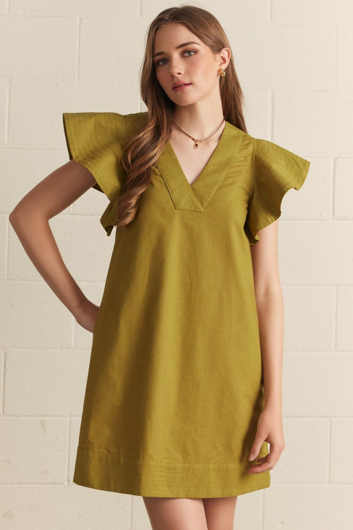 light olive solid short sleeve dress