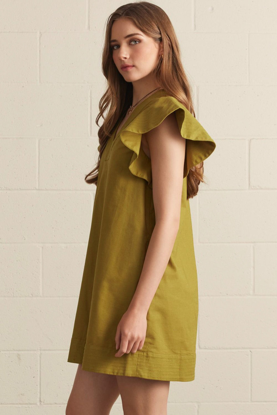 light olive solid short sleeve dress ruffle sleeve