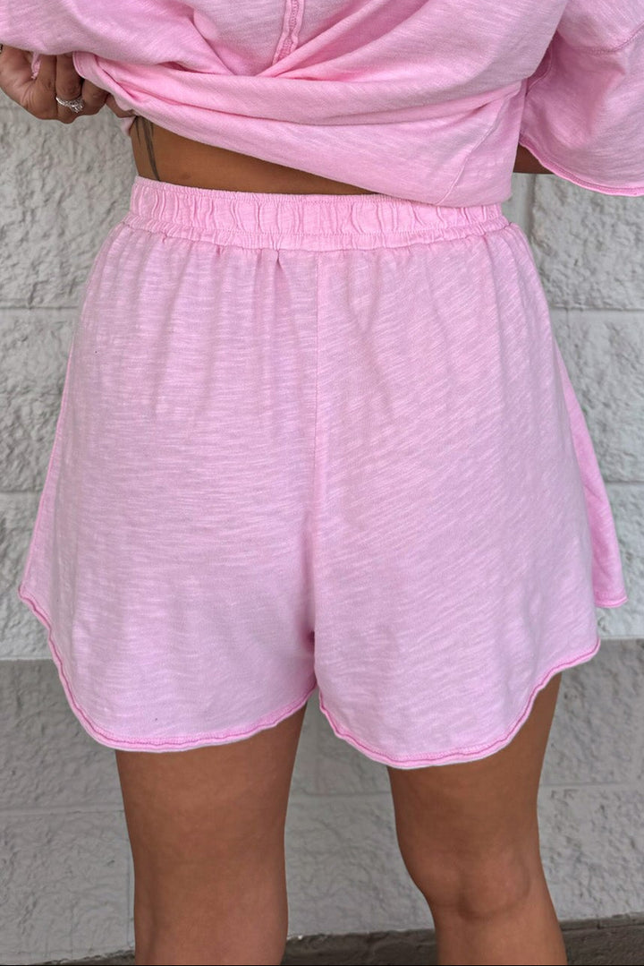 solid light pink top and reverse seams flowy skort slub knit cotton matching athleisure set