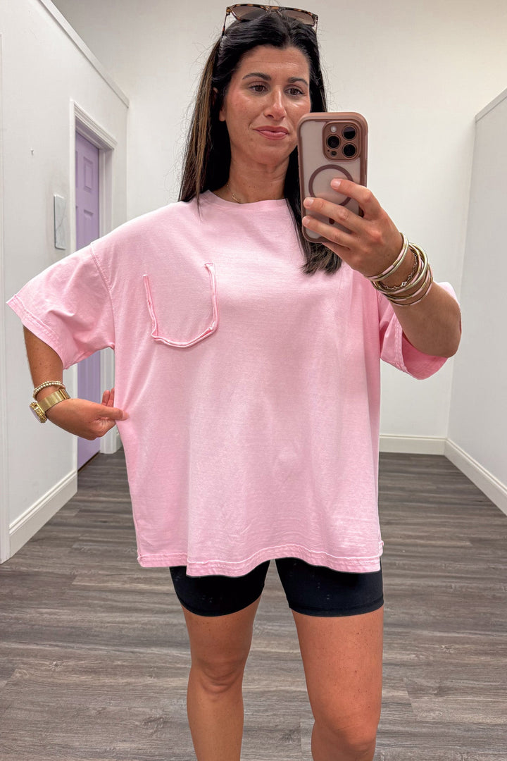mineral washed light pink reverse seams drop shoulder short sleeve crew neckline oversized fit tee