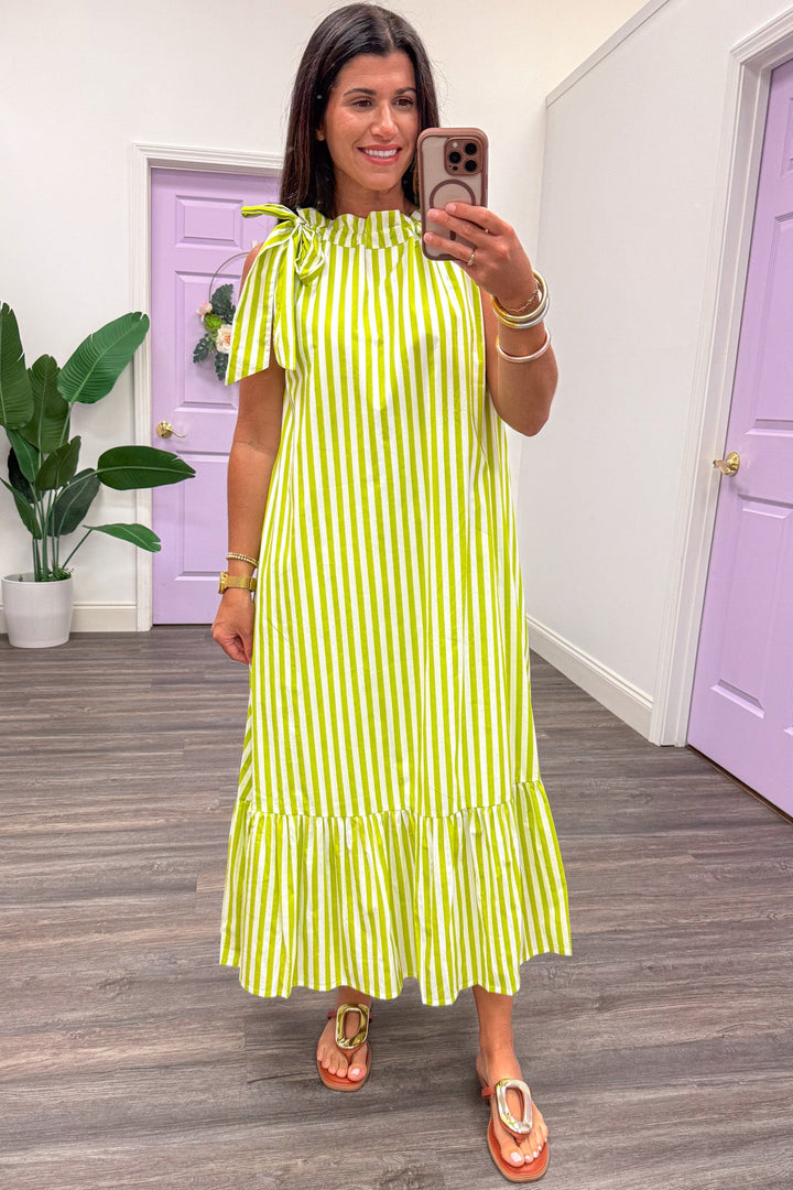lime green and cream striped cinch mock neck sleeveless tiered midi dress