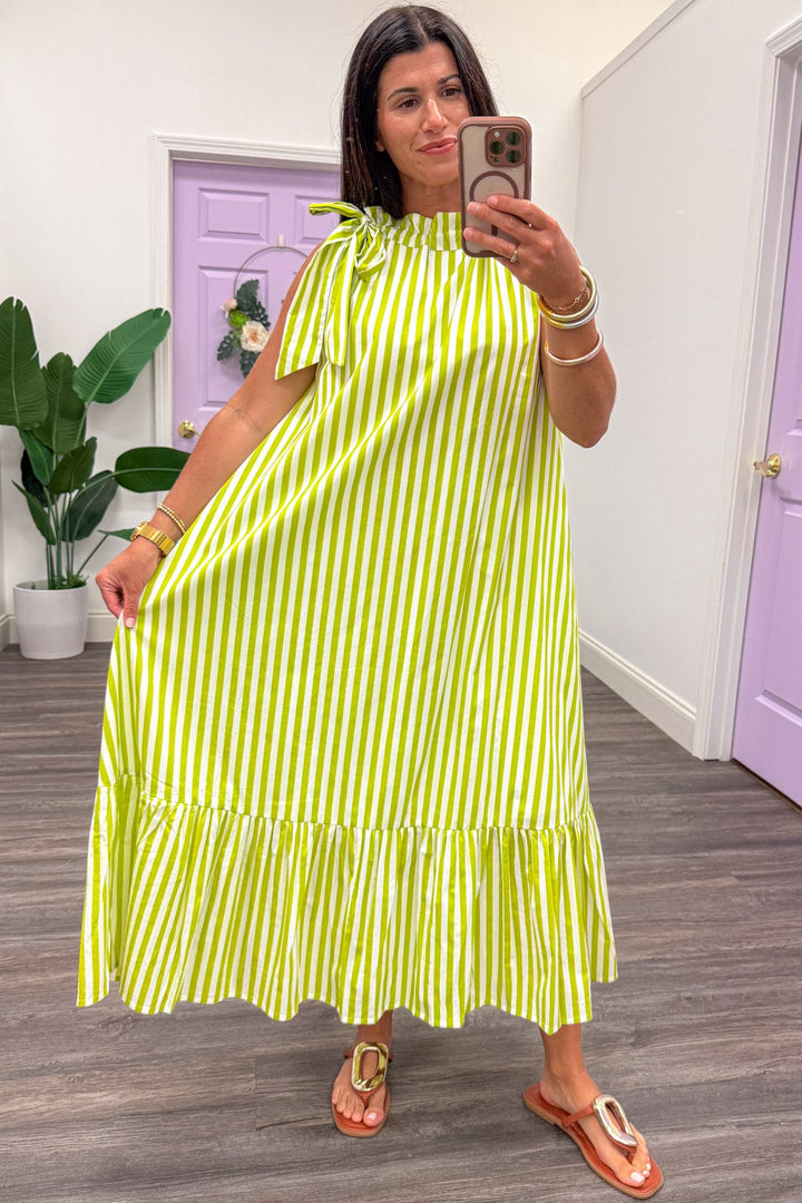 lime green and cream striped cinch mock neck sleeveless relaxed silhouette midi dress