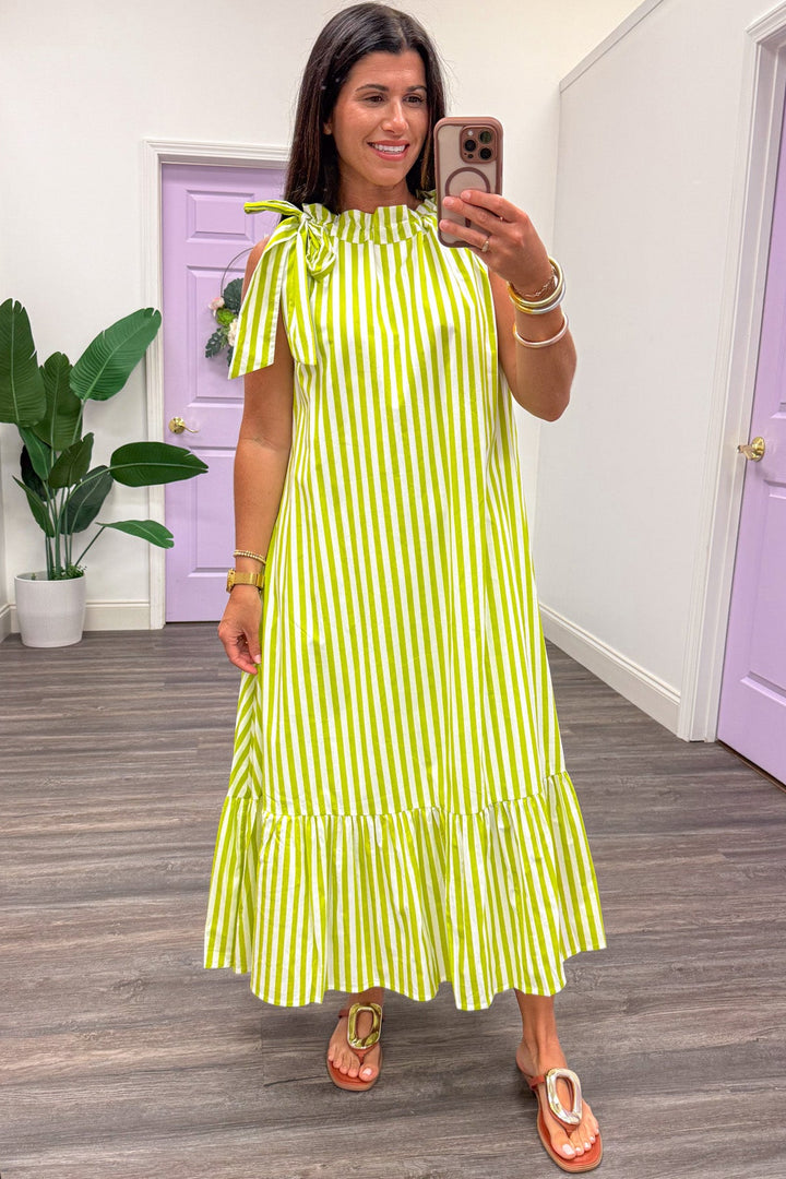 lime green and cream striped cinch mock neck sleeveless midi dress