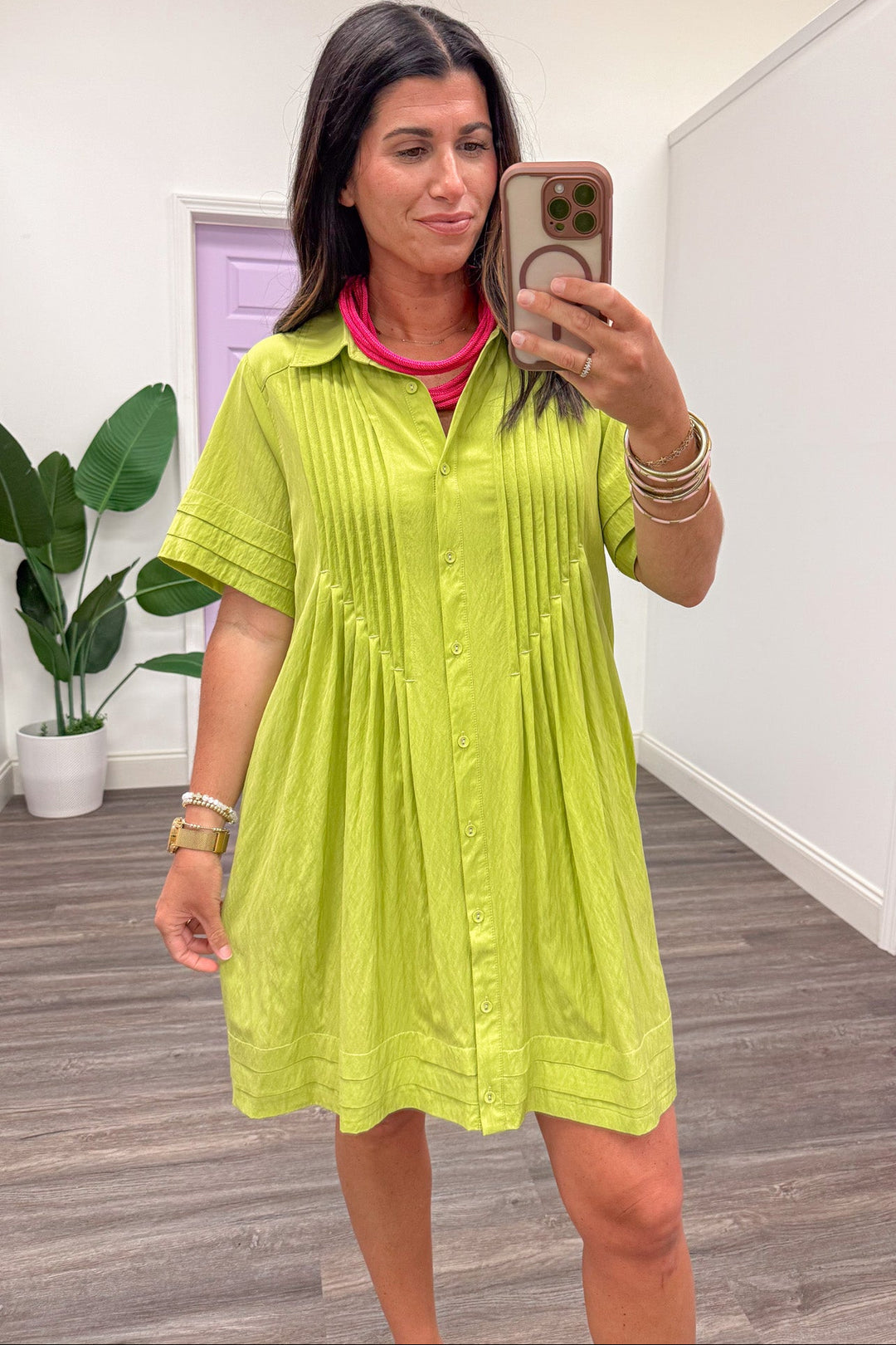 chartreuse lime green button front collared neckline pintuck detail short dress