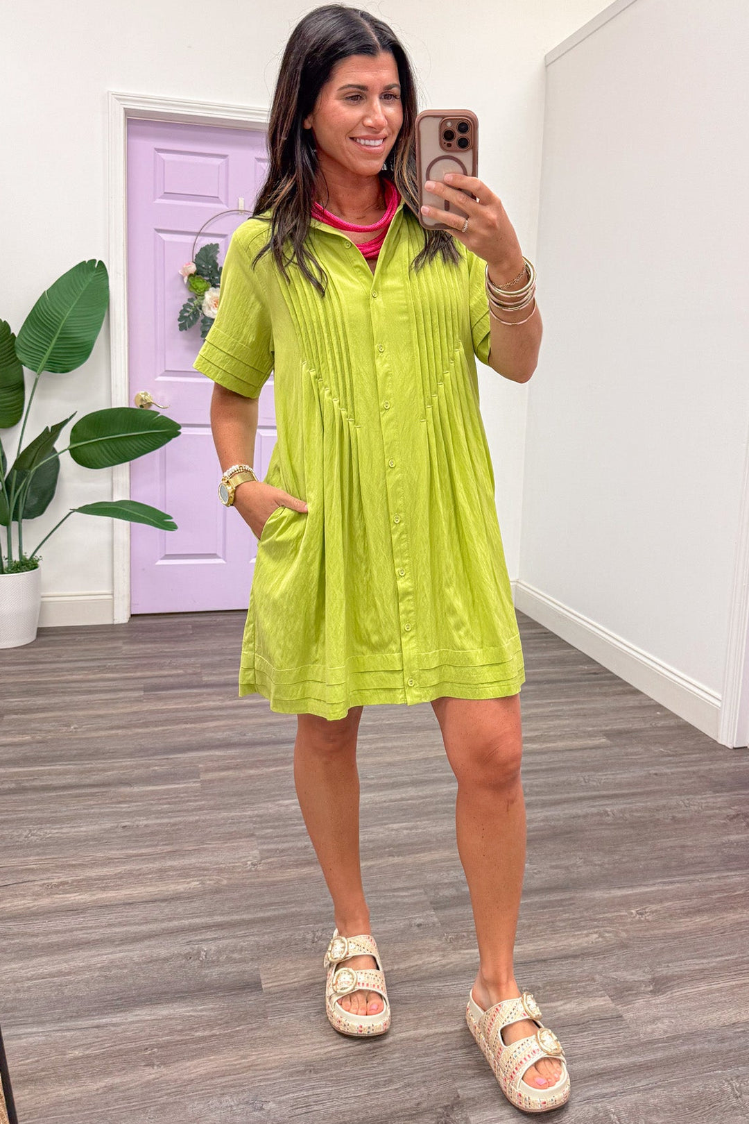 chartreuse lime green button down pintuck detail short dress