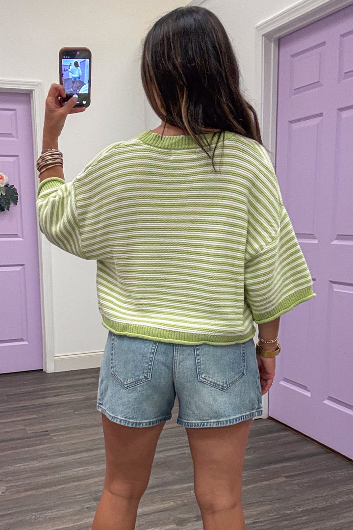 lime green and off white striped ribbed trim button front semi-cropped cardigan top