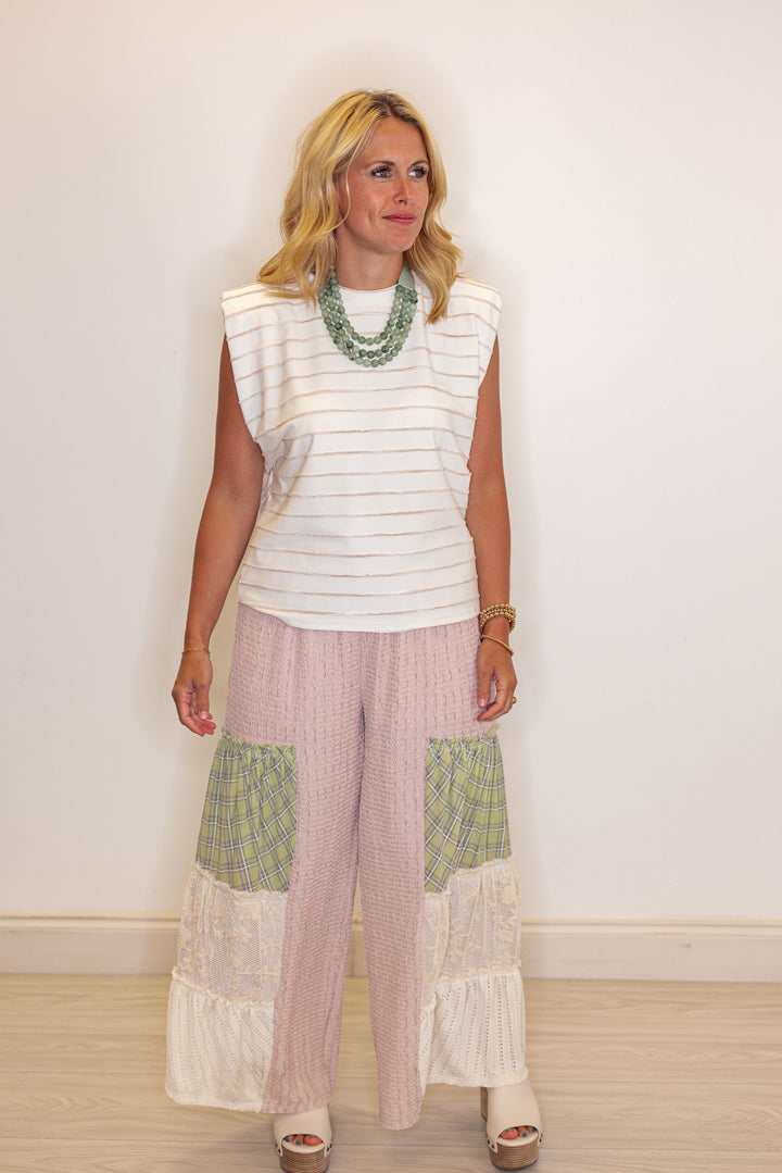 Women's trendy cream sleeveless knit top with ombre taupe textured wave stripes by Strut and Bolt