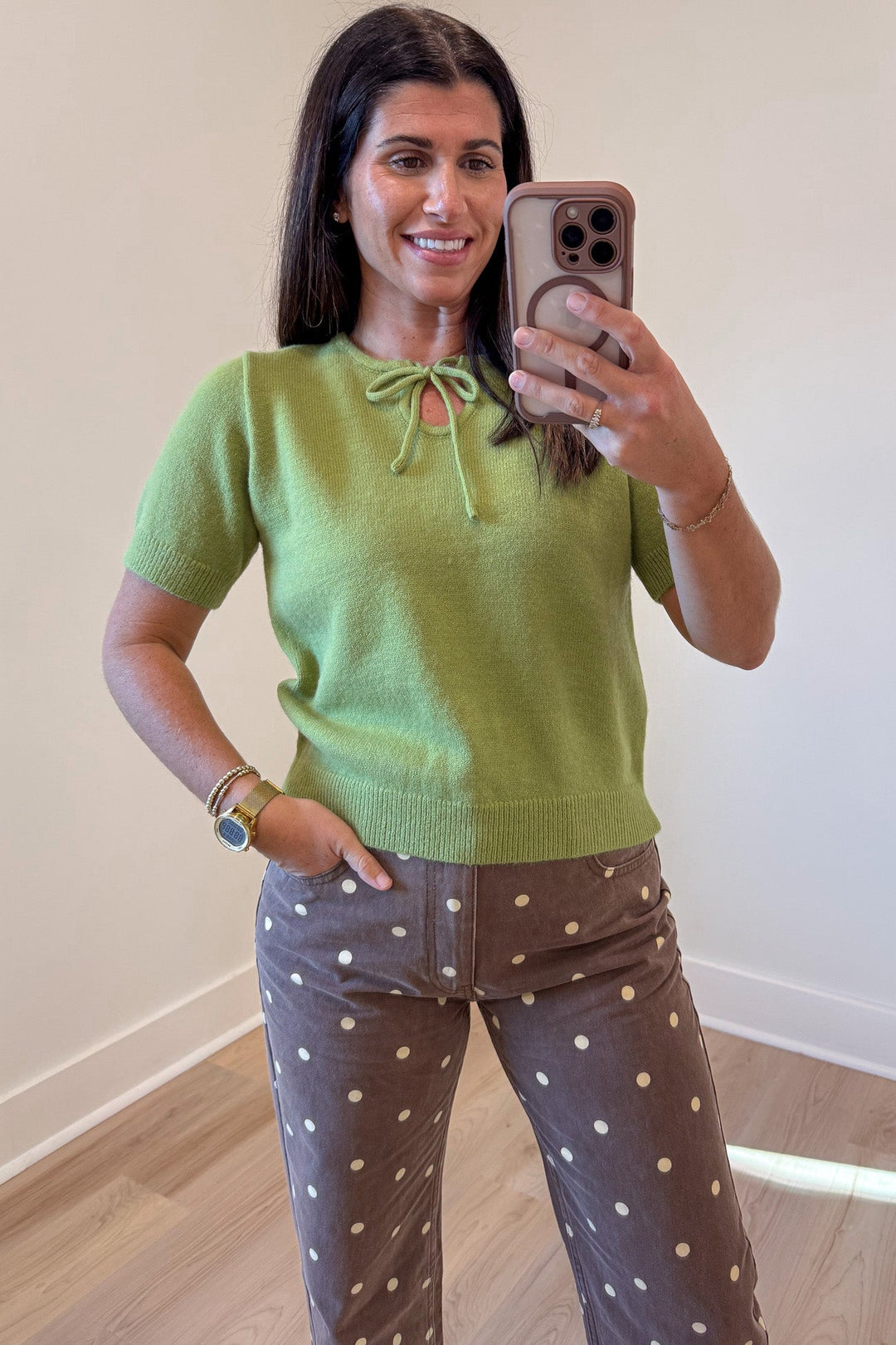 solid matcha green short sleeve crew neckline semi-cropped knit sweater top