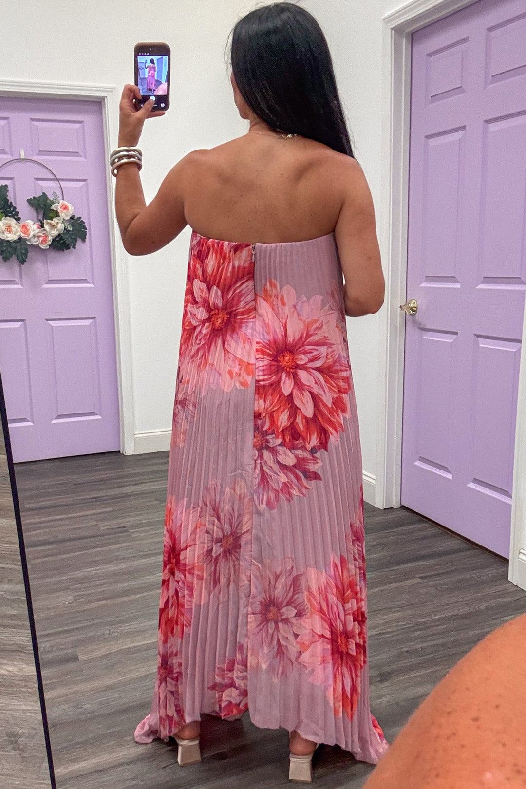 mauve large floral print pleated strapless asymmetrical hem chiffon maxi dress