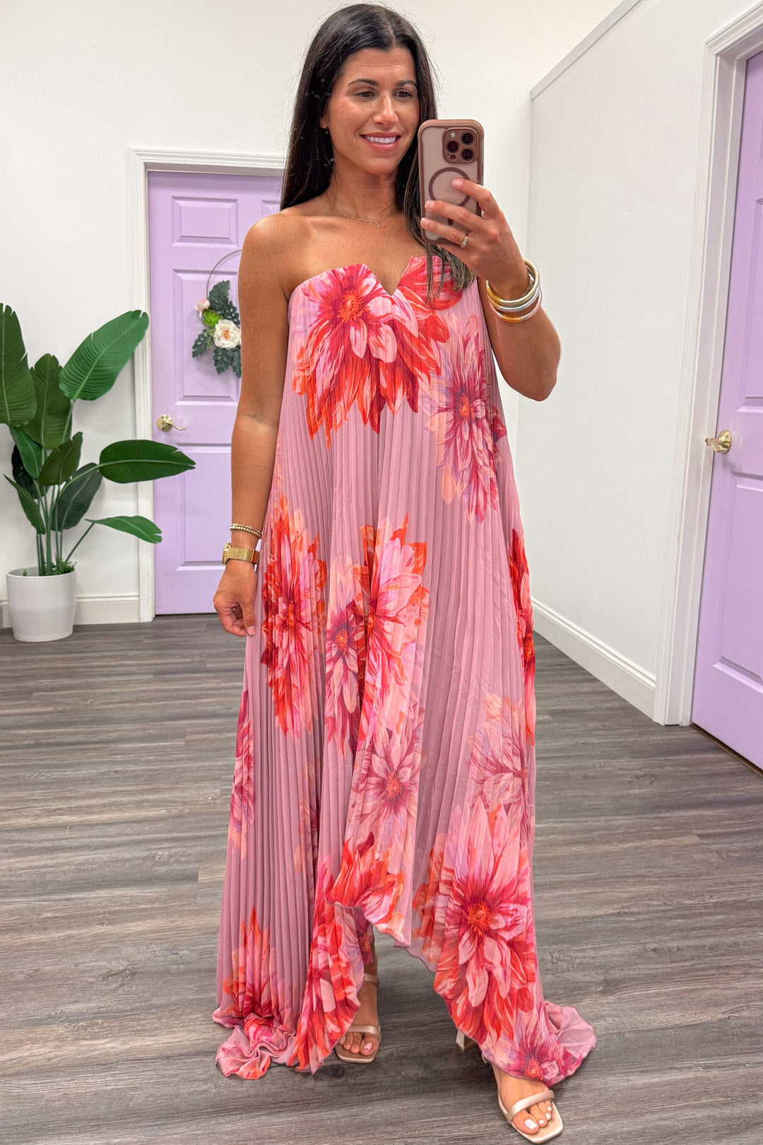 mauve large floral print pleated strapless asymmetrical hem maxi dress
