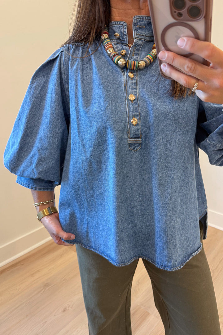 solid medium blue denim button front bodice mock neck 3/4 length puff sleeve top