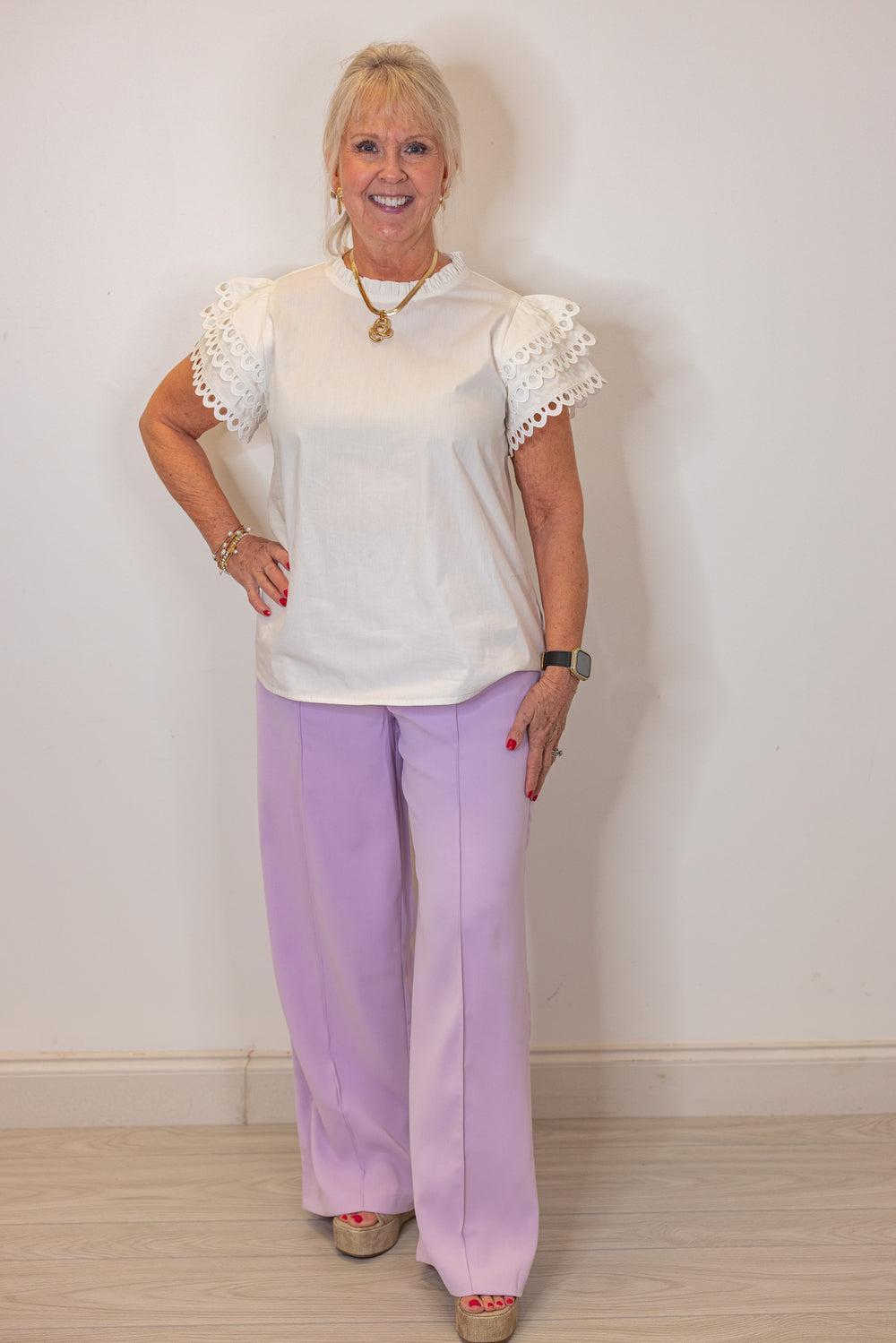 lavender stretch waist wide leg pant
