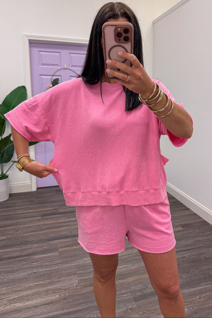 mineral washed solid pink terry knit set with relaxed silhouette top