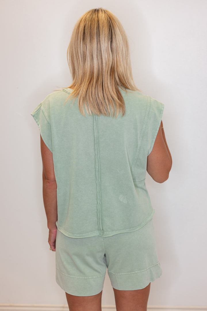 Women's mineral washed mint latte green knit sleeveless top by Rae Mode showing back view