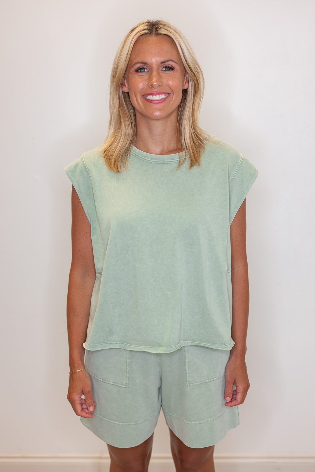 Women's mineral washed mint latte green knit sleeveless top by Rae Mode