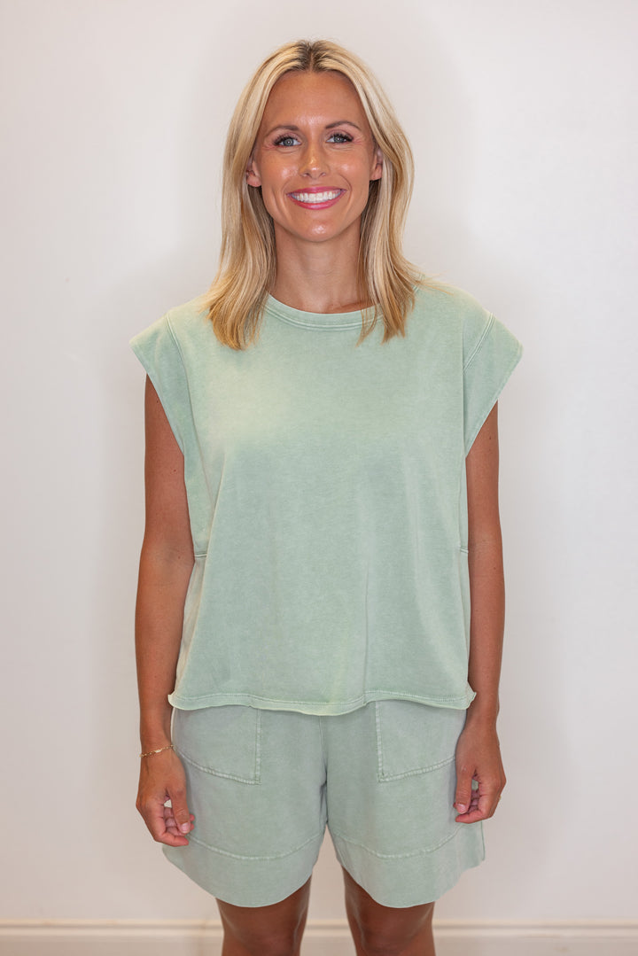 Women's mineral washed mint latte green knit sleeveless top by Rae Mode