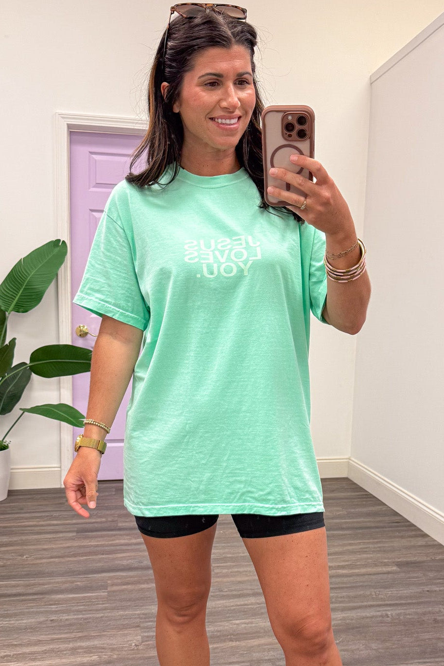 mint green jesus loves you graphic short sleeve t-shirt