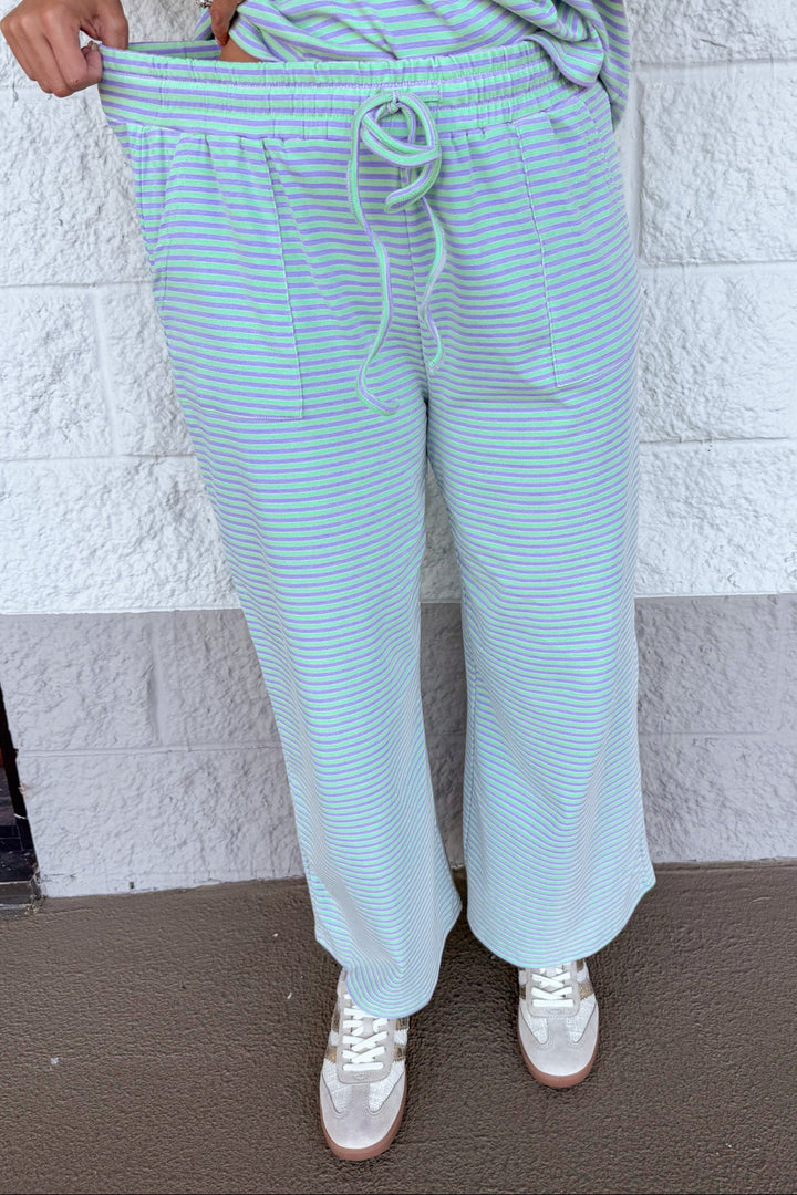 mint green and lilac striped top and elastic waistband pants matching knit loungewear set