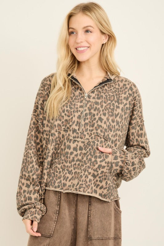 Women's washed mocha and black terry knit quarter zip pullover top in leopard print by j.her