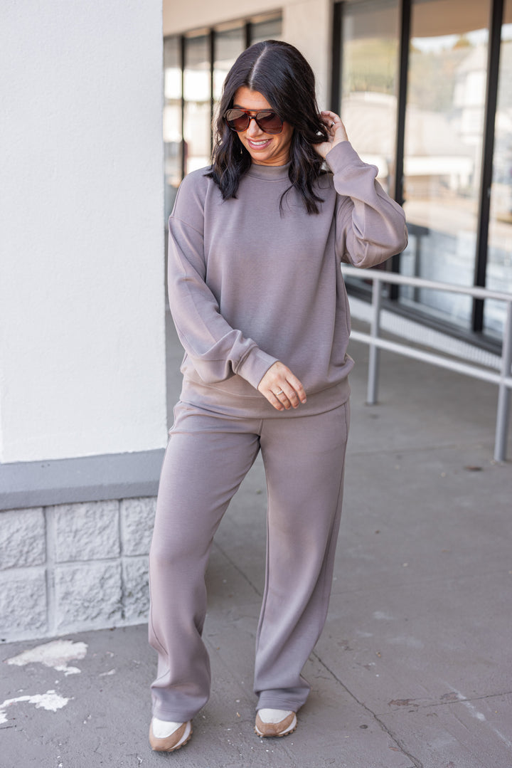 Mocha scuba knit straight leg elastic waist pants by Rae Mode, perfect for running errands