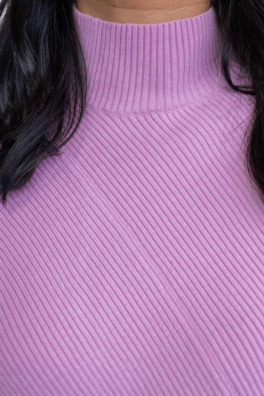 Women's frost pink diagonal ribbed knit sweater top by Hyfve showing ribbed texture and mock neckline