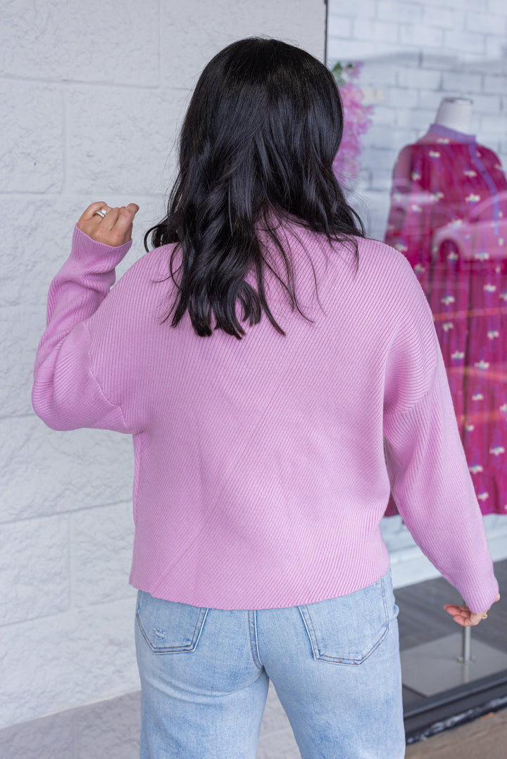 Women's frost pink diagonal ribbed knit sweater top by Hyfve showing up close back view