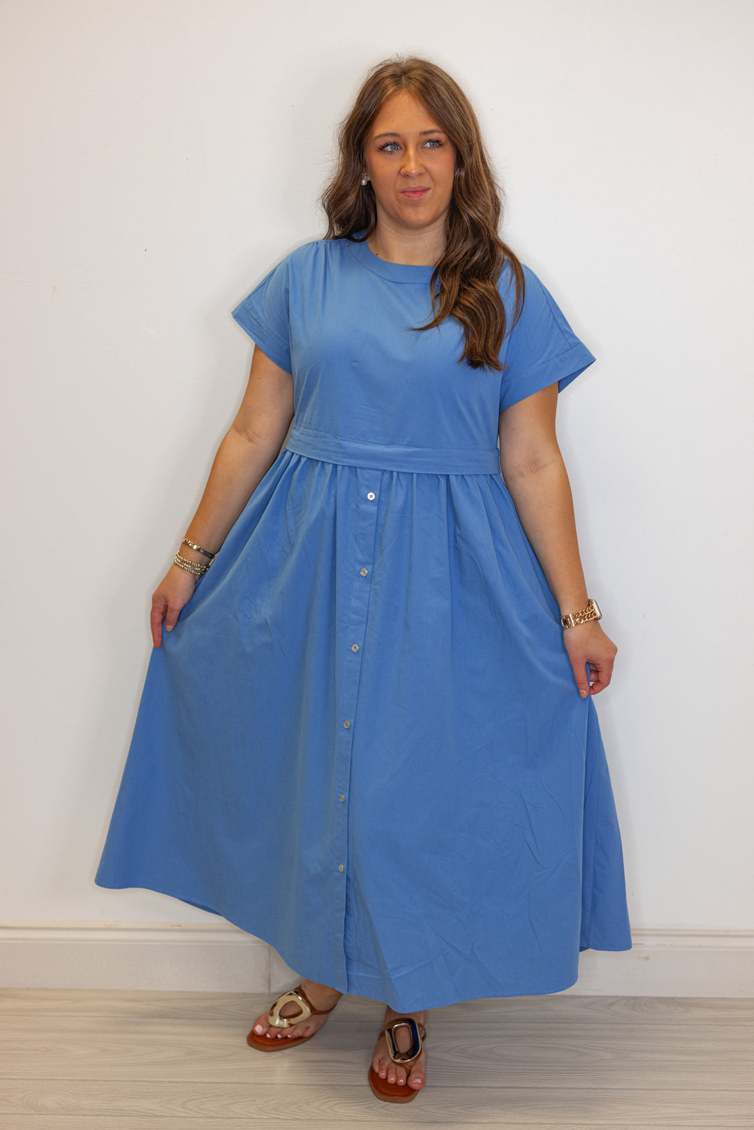 blue cotton poplin midi dress